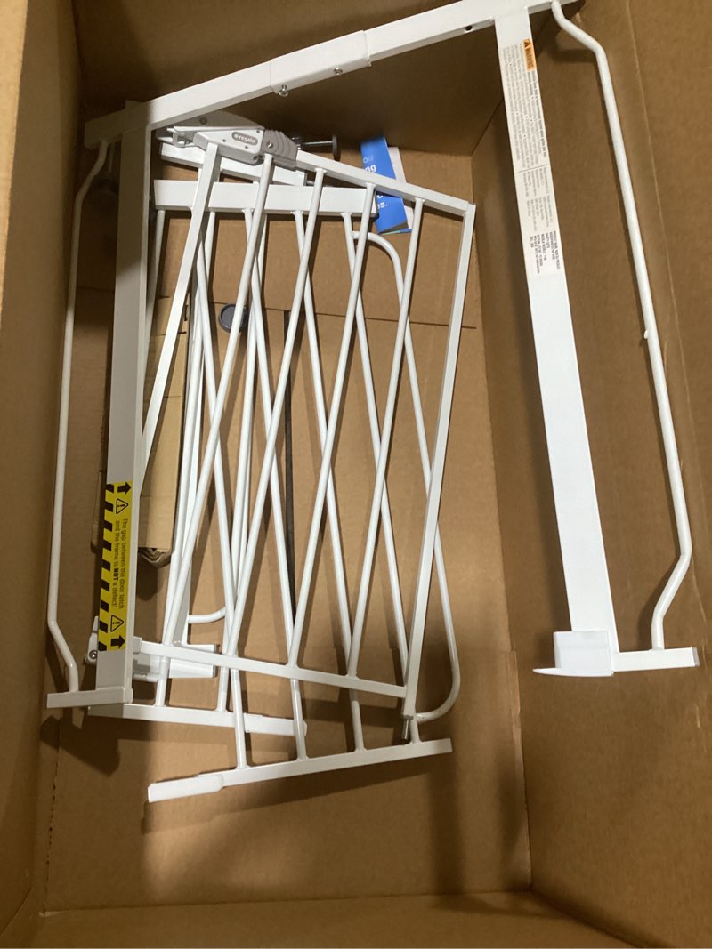 Condition photo showing As Is for regalo safety 29-38.5" baby gate for doorways & bottom of stairs, pressure mounted baby gate with door for babies, toddlers & pets, tested & safe for 30 years, american designed, american owned, white white 29-38.5"w x 30"h
