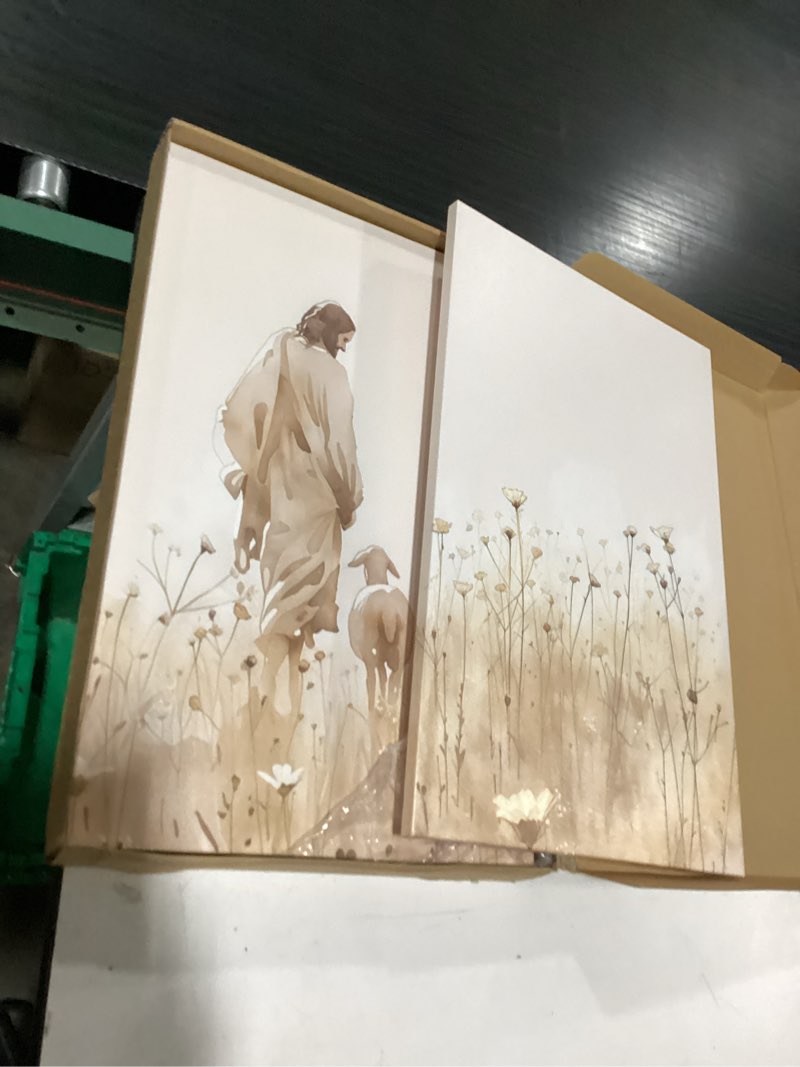 Condition photo showing New/Like New for large framed christian 3 piece wall art, jesus leaves the 99 sheep canvas prints, neutral gold forest misty landscape, religious artwork for living room dining room prayer room wall decor, 24x36 in 24" w x 36" h x 3pcs leaves the 99