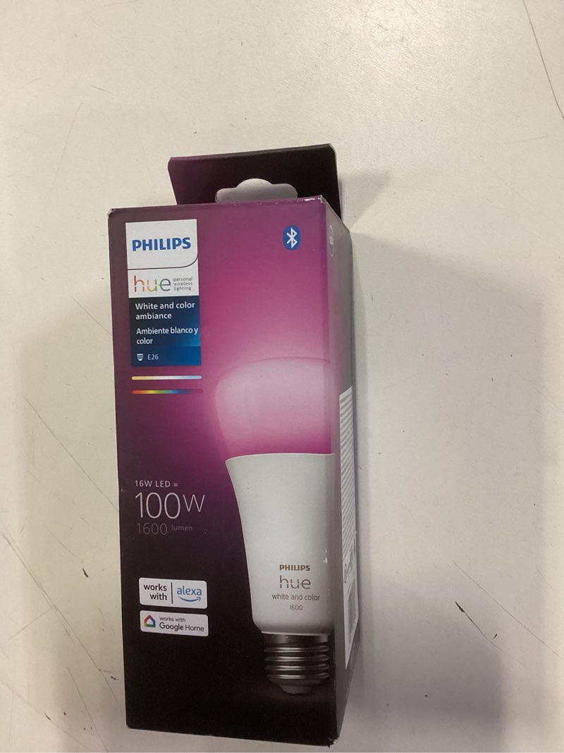 Condition photo showing New/Like New for Philips Hue Smart 100W A21 LED Bulb - White and Color Ambiance Color-Changing Light - 1 Pack - 1600LM - E26 - Indoor - Control with Hue App - Works with Alexa, Google Assistant and Apple Homekit Original 1 Pack