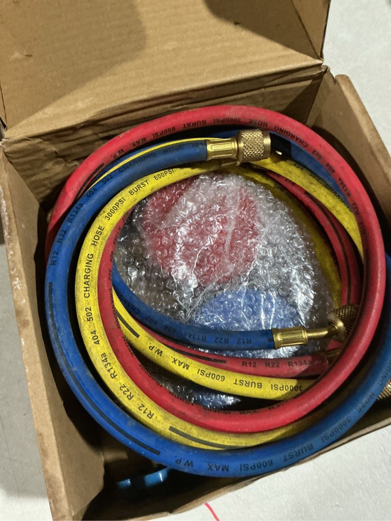 Condition photo showing As Is for 2026 Upgrade 42004 Test and Charging Manifold with 3-1/8" (80 mm) Gauges, for R-22/404A/410A, 1/4" Standard Flare Fitting, HVAC Color-Coded Gauges with 60" Hoses, 2-Valve, HVAC Manifold Set