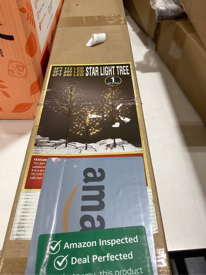 Condition photo showing New/Like New for lightshare set of 3 star light trees christmas decorations, including 3 feet, 5 feet, and 6 feet, warm white christmas tree, brown branch brown 3+5+6ft