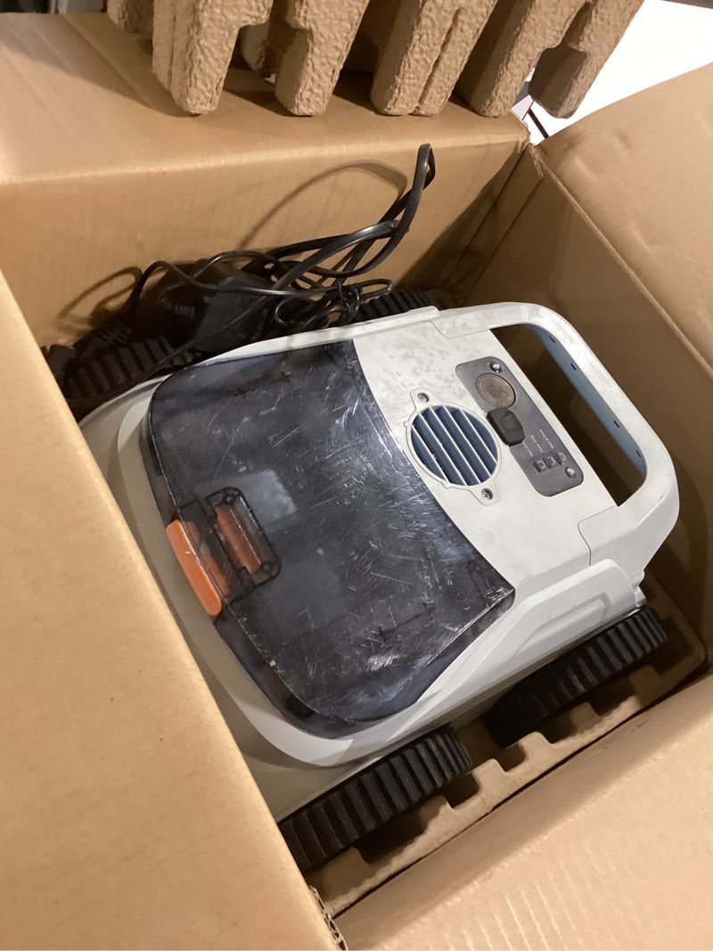Condition photo showing As Is for robotic pool vacuum, pool cleaner for inground pools, smart navigation, floor/wall/waterline cleaning, 150 mins runtime for pool up to 2000 sq.ft blue