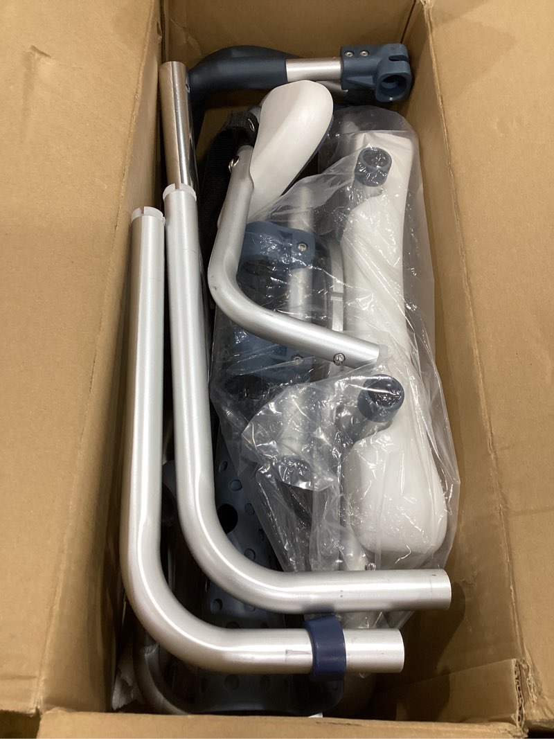 Condition photo showing Good Condition for sliding shower chair tub transfer bench with swivel seat, shower bench for elderly and disabled, with security belt, 360 rotation, slides and rotates, adjustable,one touch slide button, dark blue