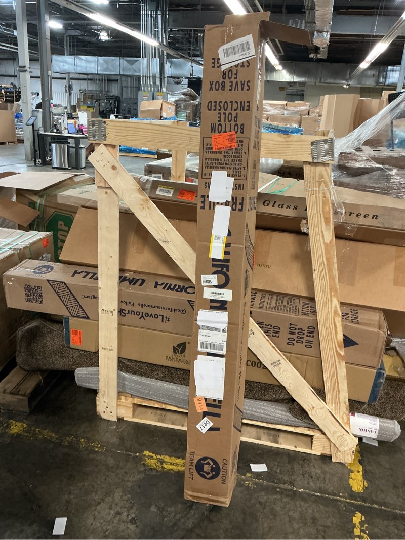 Condition photo showing New/Like New for california umbrella 7.5' round aluminum market umbrella, crank lift, push button tilt, black pole, sunbrella terracotta
