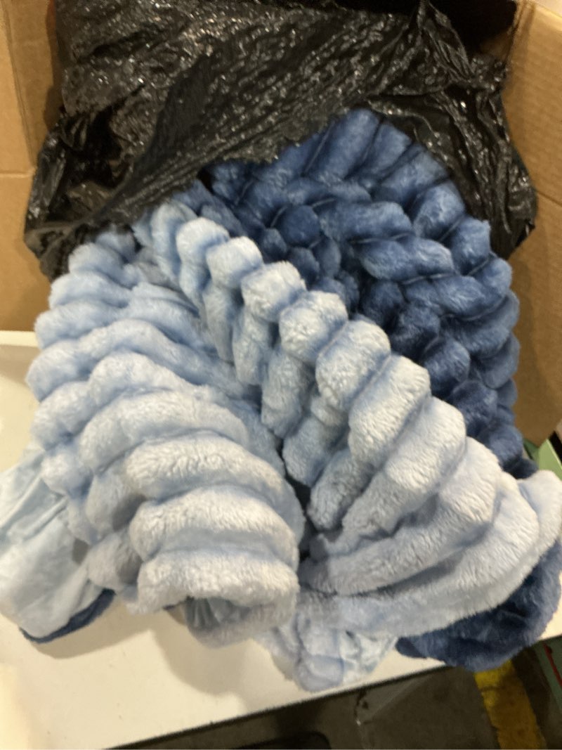 Condition photo showing As Is for cozy bliss faux fur throw blanket for couch, fuzzy soft plush thick bubble blanket for sofa bedroom living room, 50 * 60 inches tie-dye blue tie-dye blue throw(50" x 60")