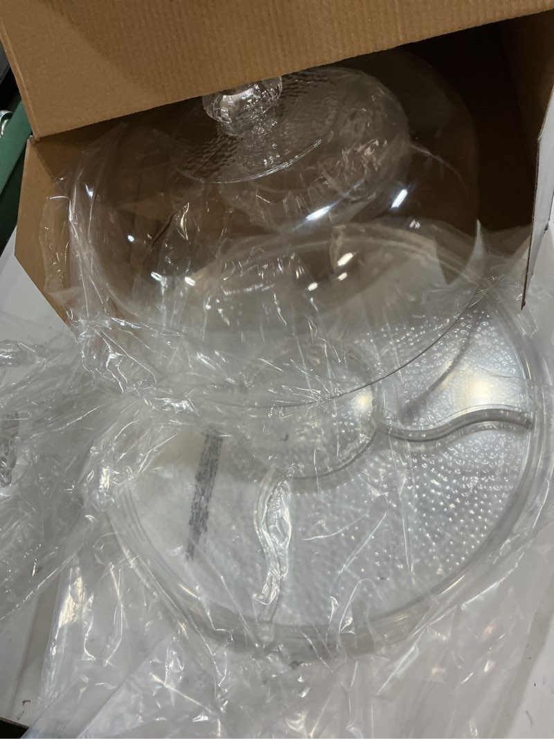 Condition photo showing New/Like New for cake stand with dome cover, 6-in-1 multi-purpose use, cake stand with lid, serving platter, punch bowl, desert platter and more, bpa free