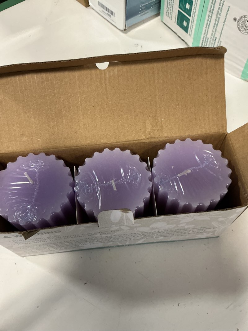 Condition photo showing New/Like New for ribbed pillar candles santal vanilla scented candles, purple to coral ombre candles, 3" x 4", paraffin wax candles, set of 3, 50+ hour burn time|1pc aromatherapy candle