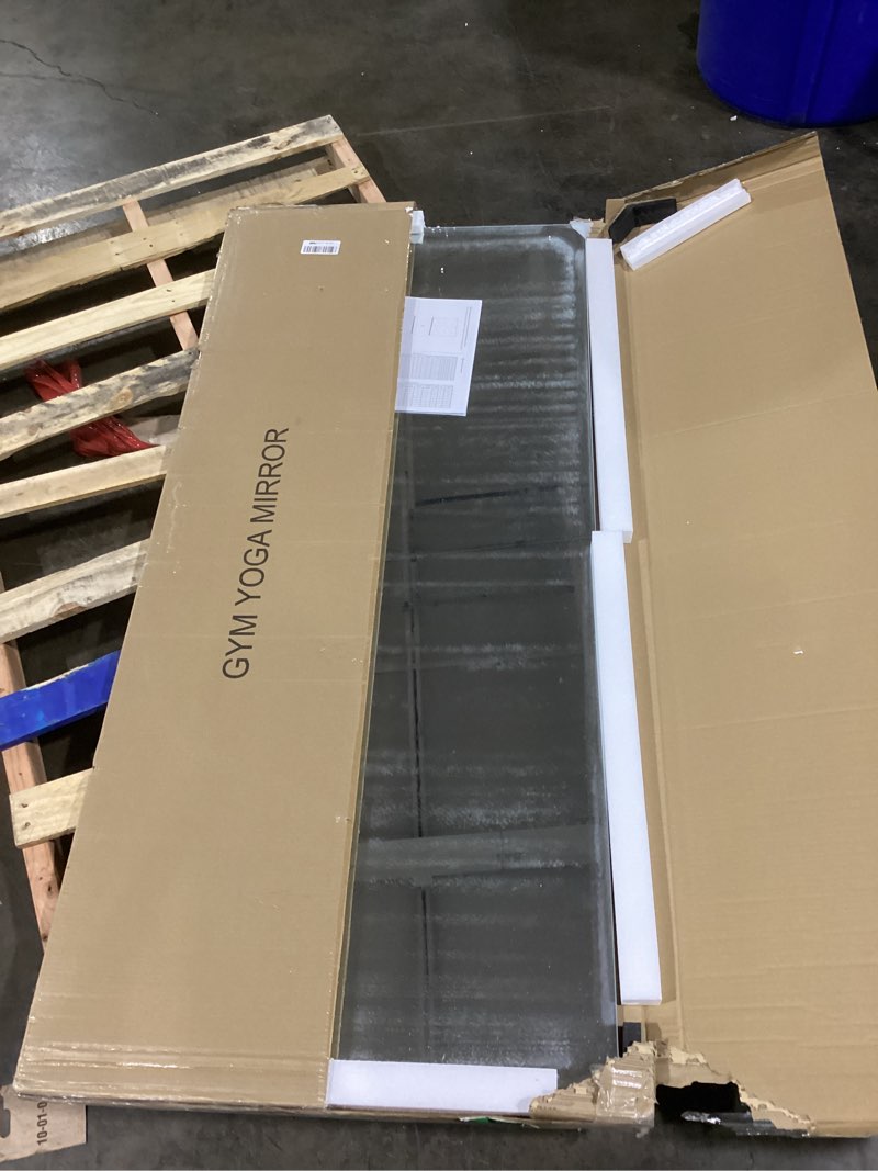 Condition photo showing item condition for Hasipu Home Gym Mirror, 63"x28" Each, 1-Pack Frameless Wall Mounted Mirrors with Glass Clamps & 1 Aluminum Rail, Large Body Mirror for Home Gym, Yoga Studio, Bedroom, Silver Tempered Glass Silver 63"L x 28"W