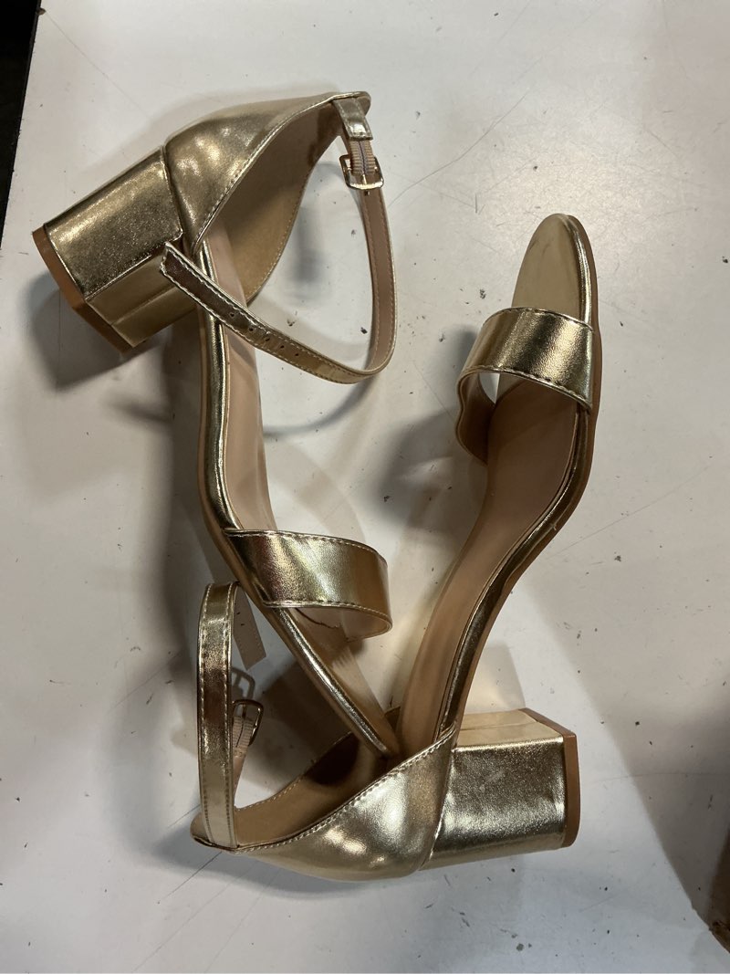 Condition photo showing Good Condition for mysoft women's chunky heels open toe dress sandals with ankle strap | block low prom heel, adjustable ankle strap, perfect for wedding and party, four seasons classic versatile 8.5 gold pu