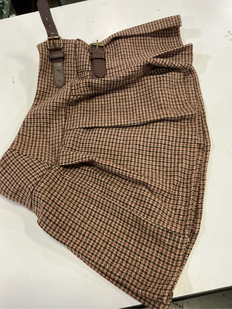 Condition photo showing New/Like New for MakeMeChic Women's Plaid Mini Skirt Low Waist Tweed Pleated Belted Office Work Skirts Small Coffee Brown