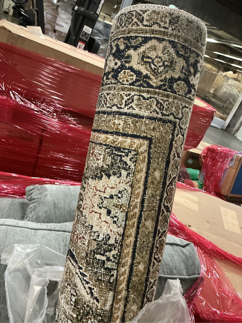 Condition photo showing As Is for loloi layla collection lay-03 olive/charcoal 5'-0" x 7'-6" .13" thick area rug, soft, durable, vintage inspired, distressed, low pile, non-shedding, easy clean, printed, living room rug 5' x 7'6" (rectangular) olive / charcoal