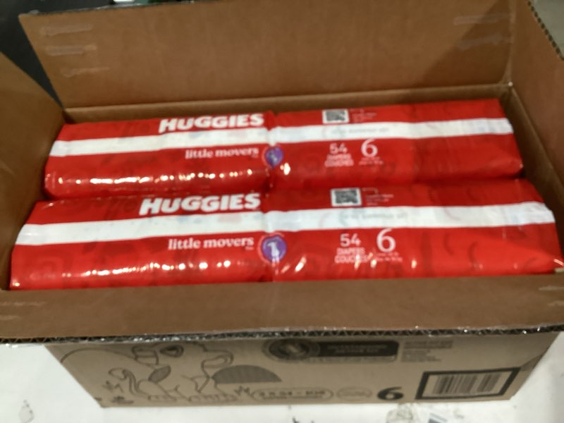 Condition photo showing New/Like New for huggies size 6 diapers, little movers baby diapers, size 6 (35+ lbs), 108 count (2 packs of 54), packaging may vary