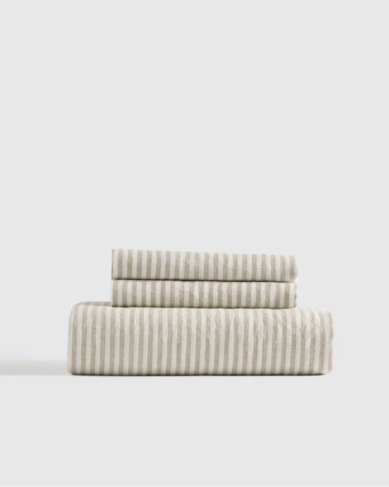 quince european linen fitted sheet set full willowleaf/white stripe
