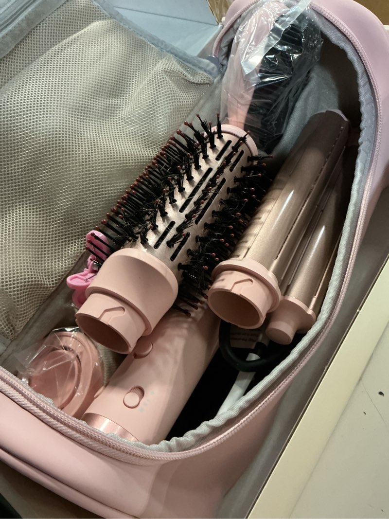 Condition photo showing As Is for mescomb dual voltage hair dryer brush - 5 in 1 hot air styler wrap with auto wrap curlers, fast drying, straightening & volumizing, 100v–240v global travel with storage bag-peach pink
