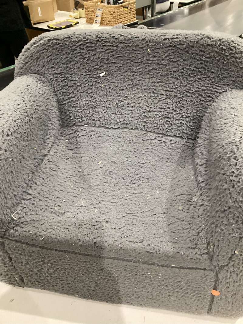 Condition photo showing As Is for grey fleece sponge kids sofa chair with strong support and zippers - 25” l x 18.11” w x 20.47