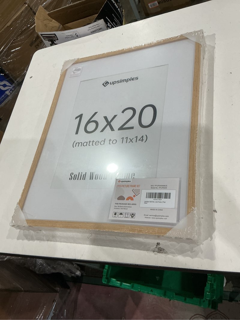 Condition photo showing New/Like New for upsimples 16x20 frames set of 3, natural solid wooden picture frames, display 11x14 with mat or 16 x 20 without for vertical or horizontal wall hanging
