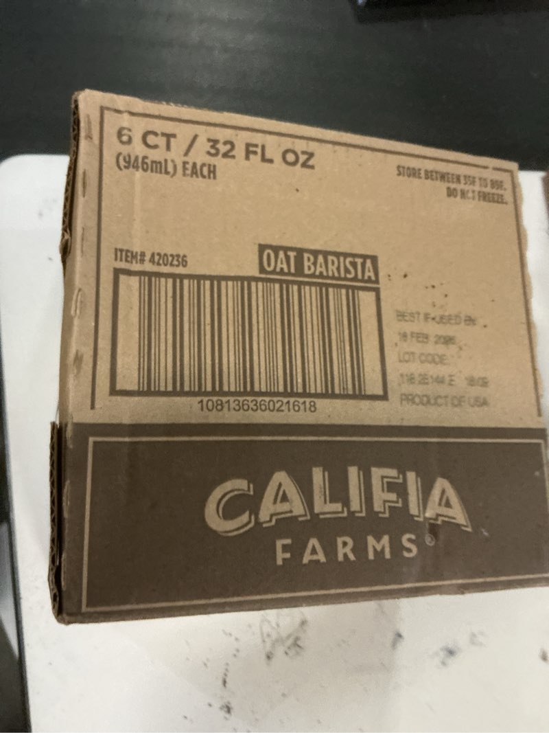 Condition photo showing New/Like New for (Case of 6). (BBD 12/23/25). Califia Farms - Oat Barista Blend Oat Milk, 32 Oz, Dairy Free, Vegan, Plant Based, Gluten Free, Non GMO, Milk Frother, Coffee Creamer 32 Fl Oz (Pack of 1)