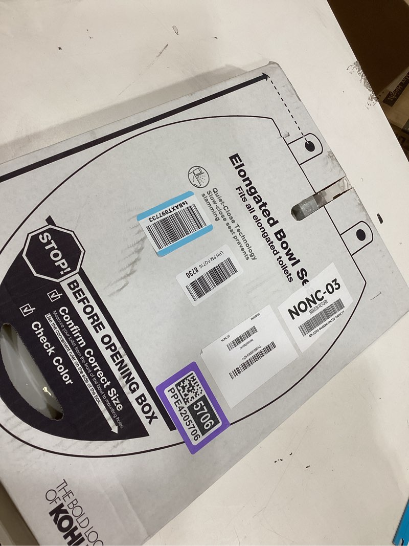 Condition photo showing As Is for kohler k-20110-0 brevia elongated toilet seat with grip-tight bumpers, quiet-close seat, quick-attach hardware, white