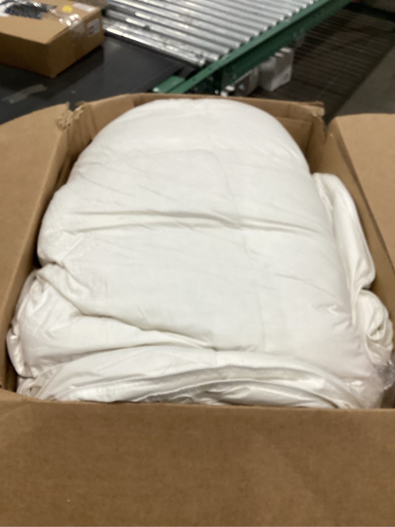Condition photo showing As Is for goose feather down fiber comforter king size, all season duvet insert, 750+fp hotel bed comforter, ultra soft 100% organic cotton fabric, 106x90 inches king white