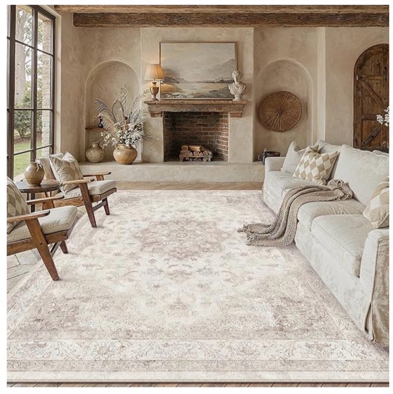 purecozy beige area rug 8x10 washable vintage carpet for living room bedroom large soft retro low pile thin indoor rug non slip oriental medallion floor cover for dining room office