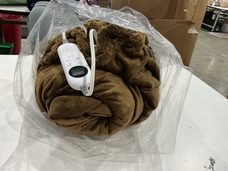 Condition photo showing As Is for electric blanket 50" x 60" soft ribbed faux fur flannel quick heat 12 heat levels 1-12 hour timer & overheat protection & auto shut off & etl fcc (brown, throw 50" x 60")