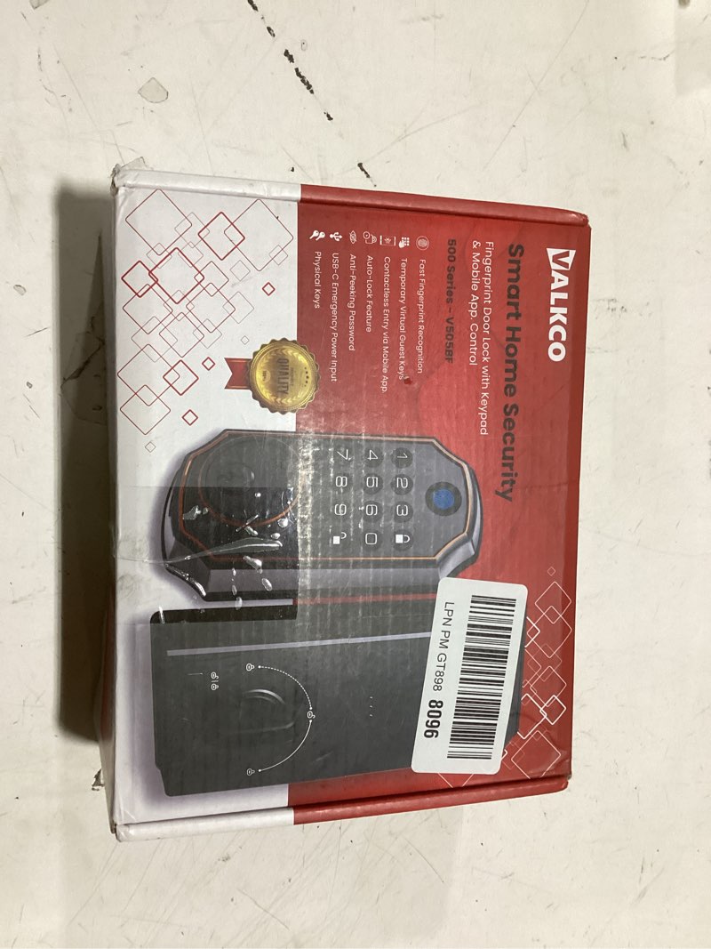 Condition photo showing New/Like New for valkco smart door lock v5o5bf, keyless entry door lock with keypad and bluetooth app control, fingerprint deadbolt, smart door lock for front door, auto lock, ip54 weatherproof, easy installation.