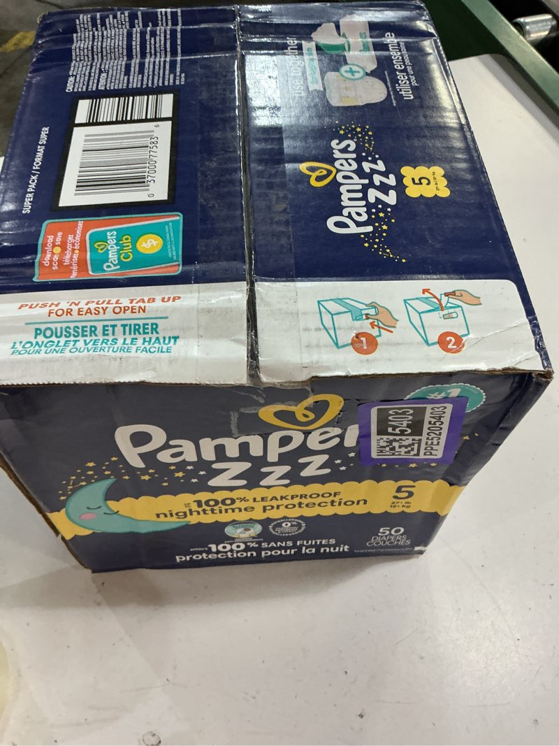 Condition photo showing New/Like New for pampers zzz overnight diapers, size 5 (27+ lbs), 50 count, nighttime protection disposable baby diaper, night time leak and skin protection size 5 50