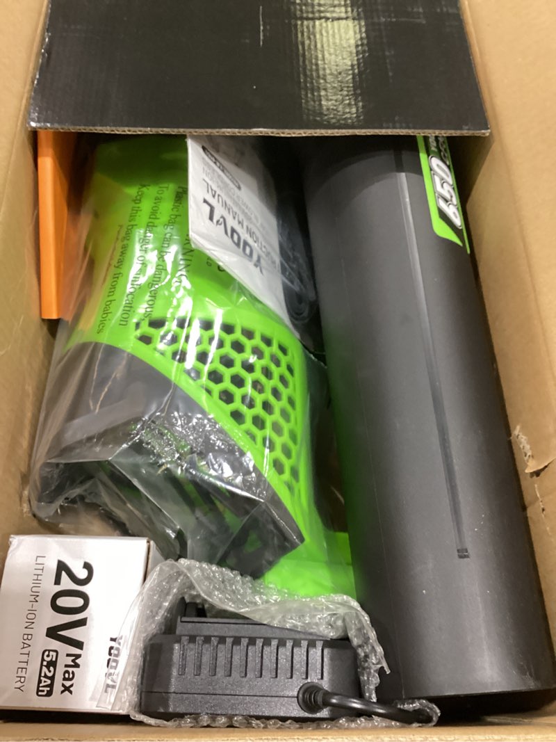 Condition photo showing New/Like New for Leaf Blower Cordless, 650CFM Electric Leaf Blowers with 2 x 5.2Ah Batteries and Charger, 3 Speed Modes, 1 x Adjustable Shoulder Strap, Powerful Blowers for Lawn Care, Patio, Dust, Blowing Leaves Plastic A-Green