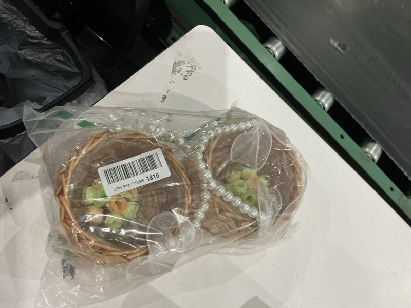 Condition photo showing Good Condition for 2pcs wicker rattan flower girl basket with 2pcs wedding wrist corsage, handwoven wicker basket with pearl handle bow fairy flower basket rattan basket for weddings bridal anniversary party decor (2)