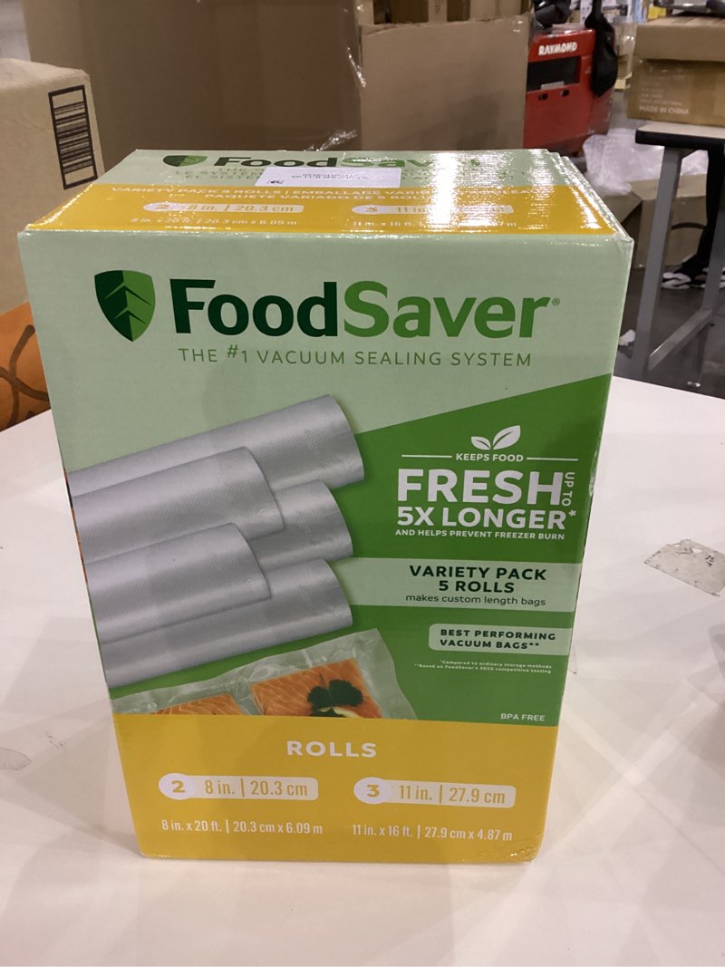 Condition photo showing New/Like New for FoodSaver Custom Length Vacuum Sealer Bags Multipack, 5 Count Rolls for Airtight Food Storage and Sous Vide - Compatible with FoodSaver, 8 (2 Pack) and 11 (3 Pack) Both Sizes (5-Pack)
