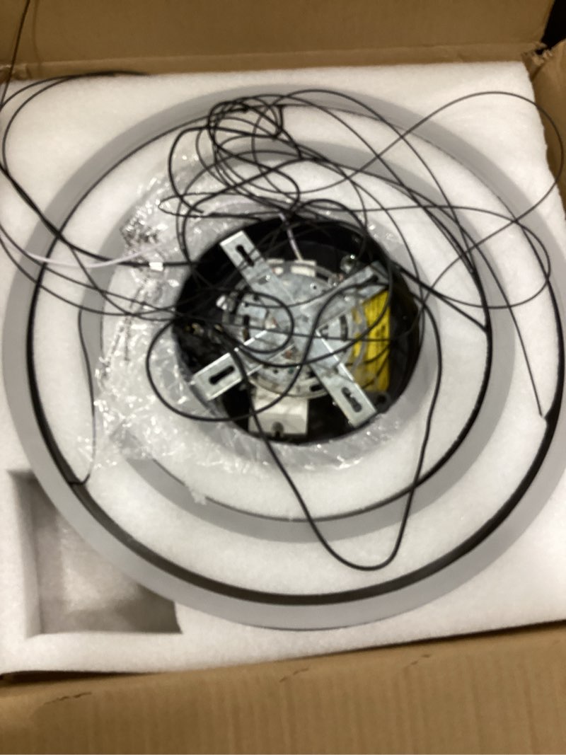 Condition photo showing As Is for O'NEELDY Modern LED Chandeliers Adjustable Hanging Black Pendant Light Fixture 3 Ring Flush Mount Chandeliers for Bedroom,Kitchen,Island Cafe