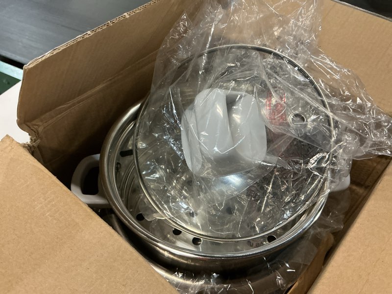 Condition photo showing As Is for Aroma Housewares 6-Cup (Cooked yield ) / 1.2Qt. Select Stainless Pot-Style Rice Cooker, & Food Steamer, One-Touch Operation, White