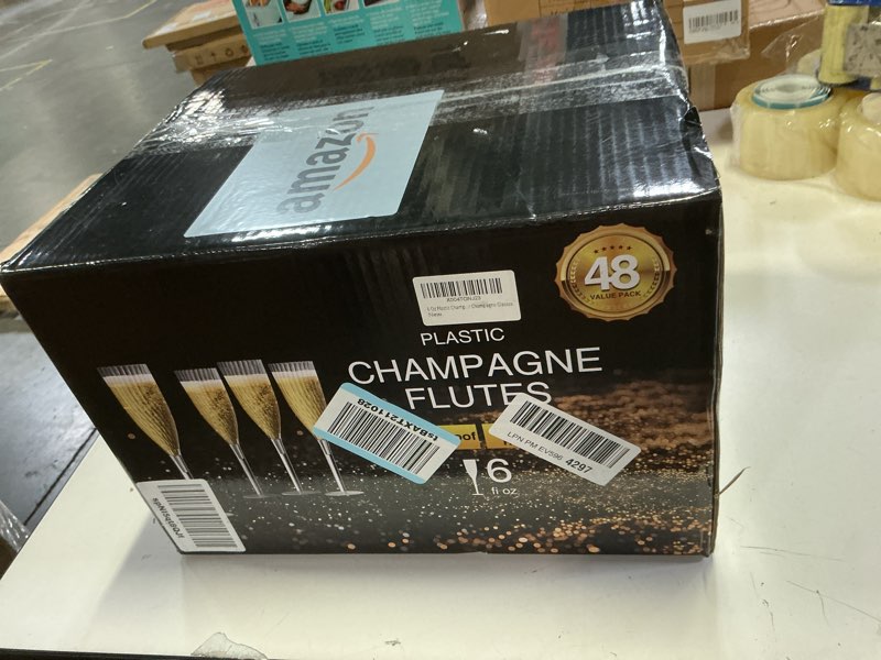 Condition photo showing New/Like New for GuanQiao 48 Pack Clear Champagne Flutes, 6oz Disposable Wine Glasses with Long Stem, Reusable Plastic Cocktail Glasses for New Years Eve Party Birthday Wedding Celebration Toasting Drinking 48-Pack