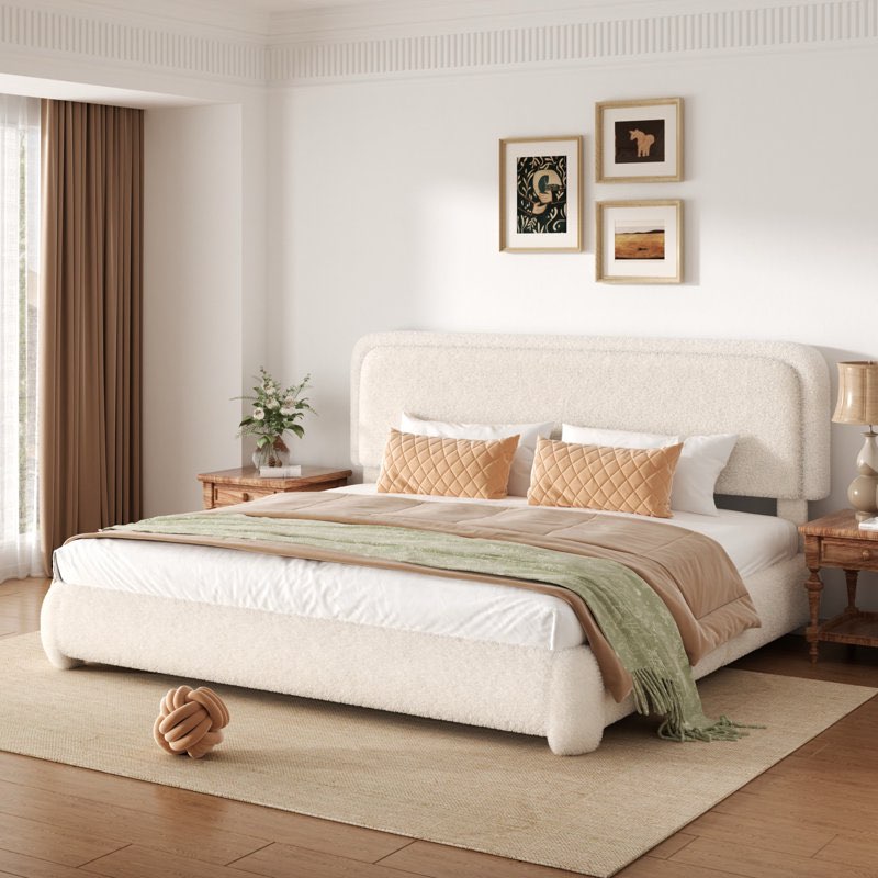 boucle upholstered platform bed frame with adjustable headboard & soft rounded corners