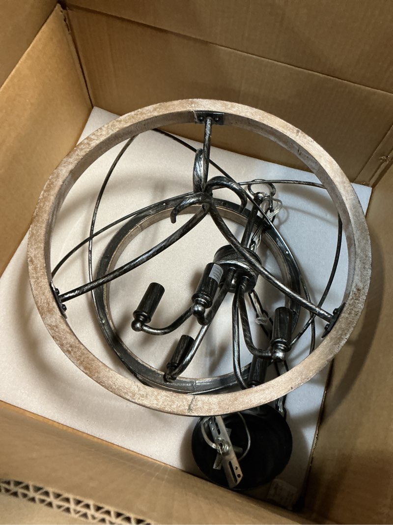 Condition photo showing Good Condition for 20" Farmhouse Chandelier, Rustic Drum Chandelier Light Fixture Over Table, 5-Light Pendent Light for Dining Room Vintage Wood Chandelier for Bedroom Hanging Lamp for Kitchen