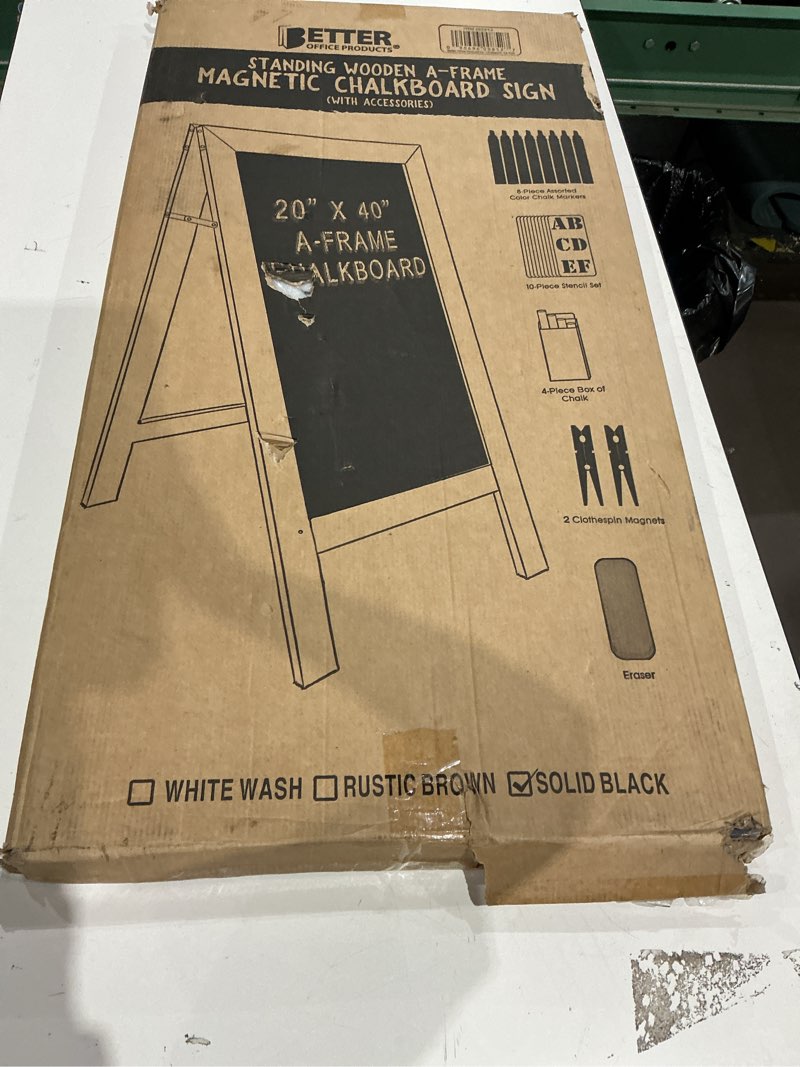 Condition photo showing New/Like New for better office products magnetic a-frame chalkboard sign, extra large 20" x 40", standing chalkboard easel, deluxe set with multiple accessories, outdoor sidewalk sandwich board sign,(black)