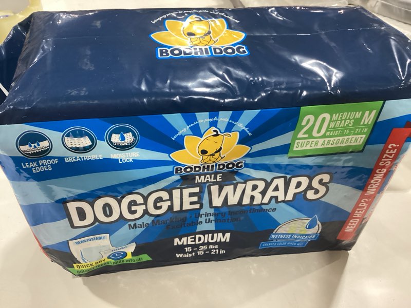 Condition photo showing New/Like New for Bodhi Dog Disposable Male Dog Diapers - Super Absorbent, Leak-Proof Pee Wraps - Adjustable Fit, Comfortable Design, Advanced Moisture Control, and Wetness Indicator - Medium (20 Count)