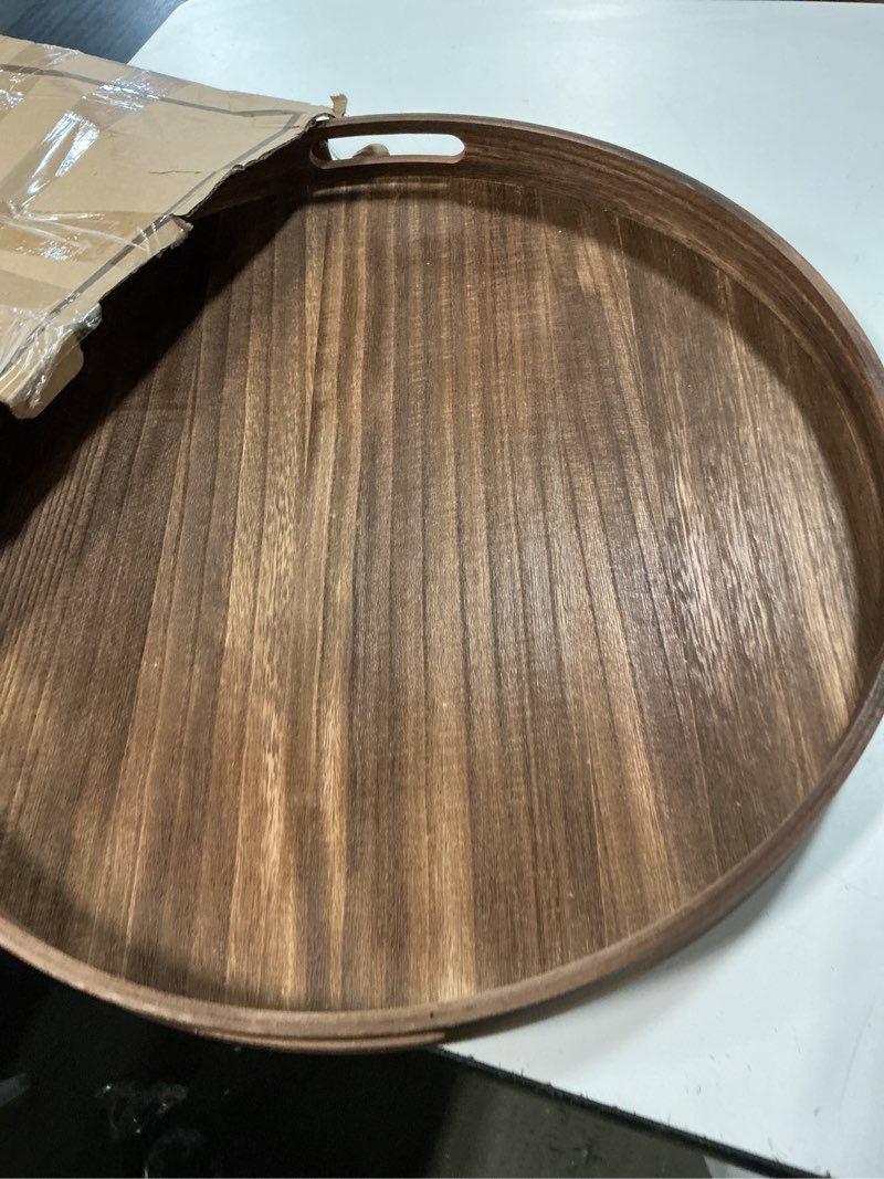 Condition photo showing Good Condition for large round wooden coffee table trays 20" - multi-functional home decor ottoman serving platter carbonized black brown 20"