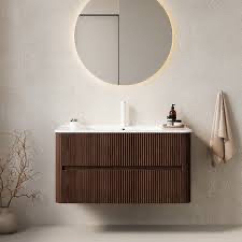Karmyne 36'' Striped Nature Solid Wood Bathroom Vanity with Sink, Modern Wall-Mounted Floating Plywood Bathroom Cabinet, White Ceramic Basin, Pre-assembled, Natural Walnut