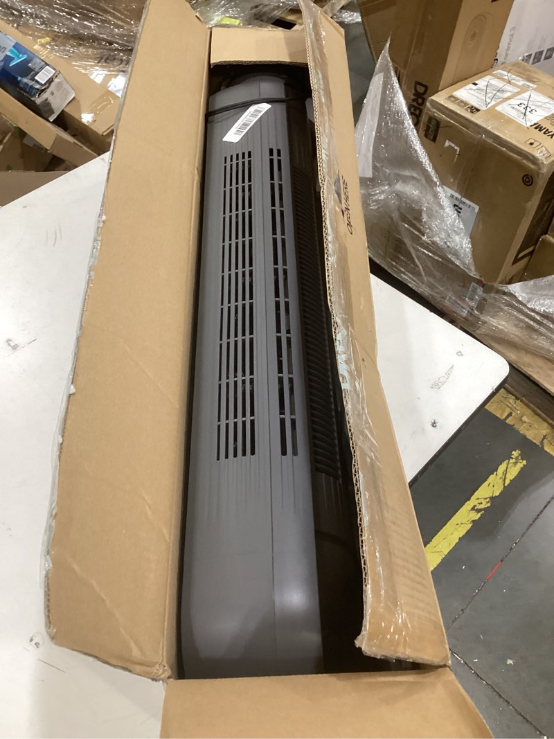 Condition photo showing As Is for dreo tower fan for bedroom, 2026 upgraded dc motor, 28ft/s high velocity, 20db ultra quiet standing fan, 8 speeds 4 modes, 90° oscillating bladeless fan for indoors, floor fans with remote, black