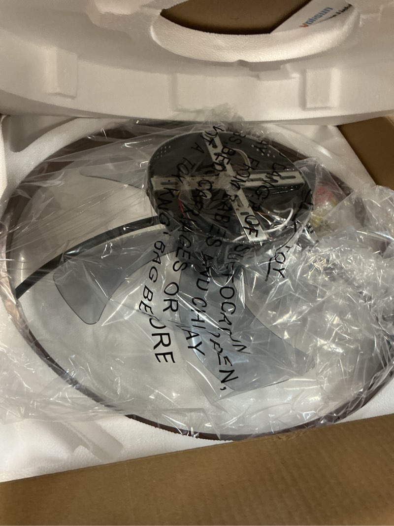 Condition photo showing Good Condition for VOLISUN Farmhouse Ceiling Fans with Lights and Remote, 19.7in Low Profile Ceiling Fan Flush Mount, 3000K-6500K Dimmable Bladeless Fandelier Ceiling Fans with Lights for Bedroom(Walnut) Walnut 19.7 INCH