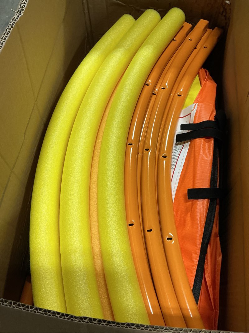 Condition photo showing Good Condition for LANGXUN 60" Trampoline for Kids, 5ft Toddler Mini 6-in-1 Trampoline Indoor Outdoor with Swing, Basketball Hoop, Dart Board, Rings, Christmas Toys Birthday Gifts for Girls Boys Orange&Yellow 6-in-1