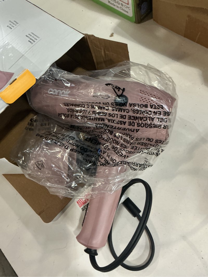 Condition photo showing Good Condition for conair hair dryer with retractable cord, 1875w blow dryer, 3 heat settings, 2 speeds, blow dryer with diffuser and concentrator attachments, ionic + tourmaline technology, matte light pink