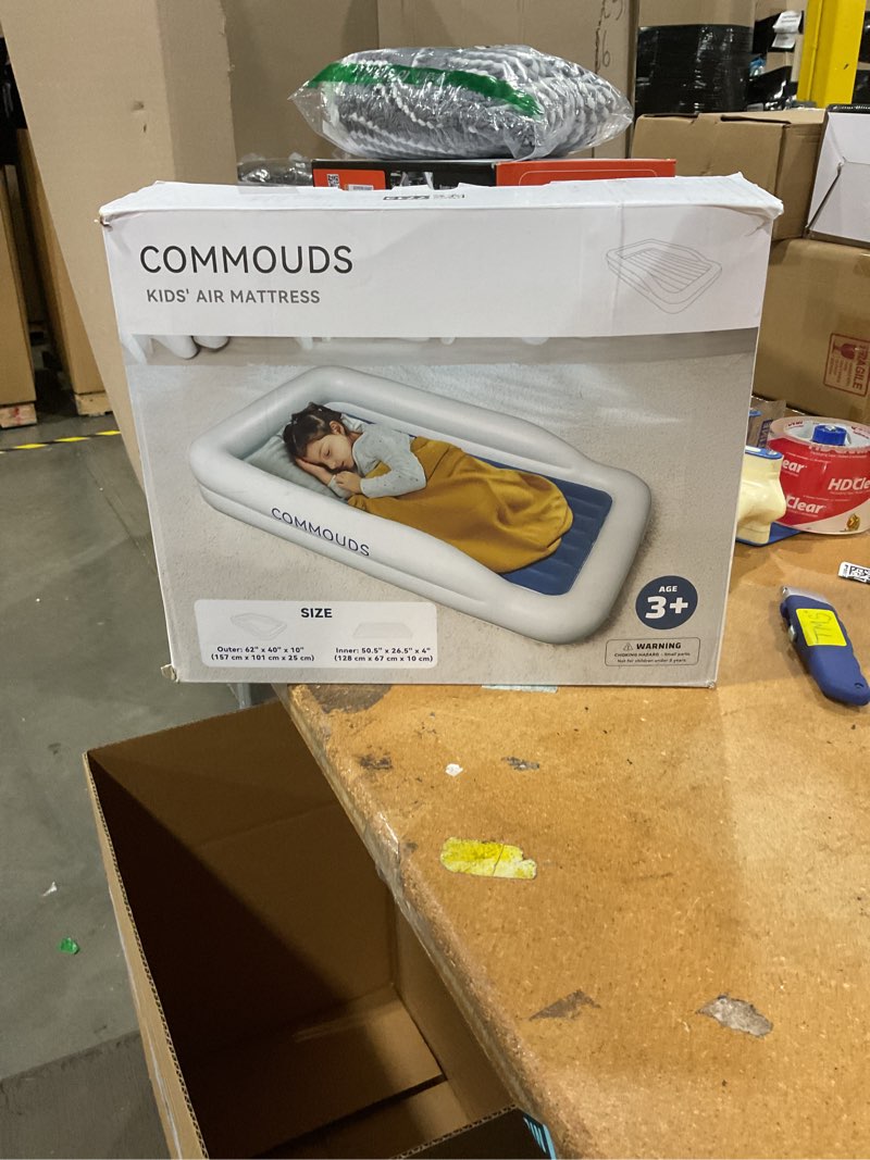Condition photo showing New/Like New for commouds portable toddler travel bed with safety bumpers, inflatable kids air mattress with electric pump, baby blow up mattress, for grandma's home camping vacation blue