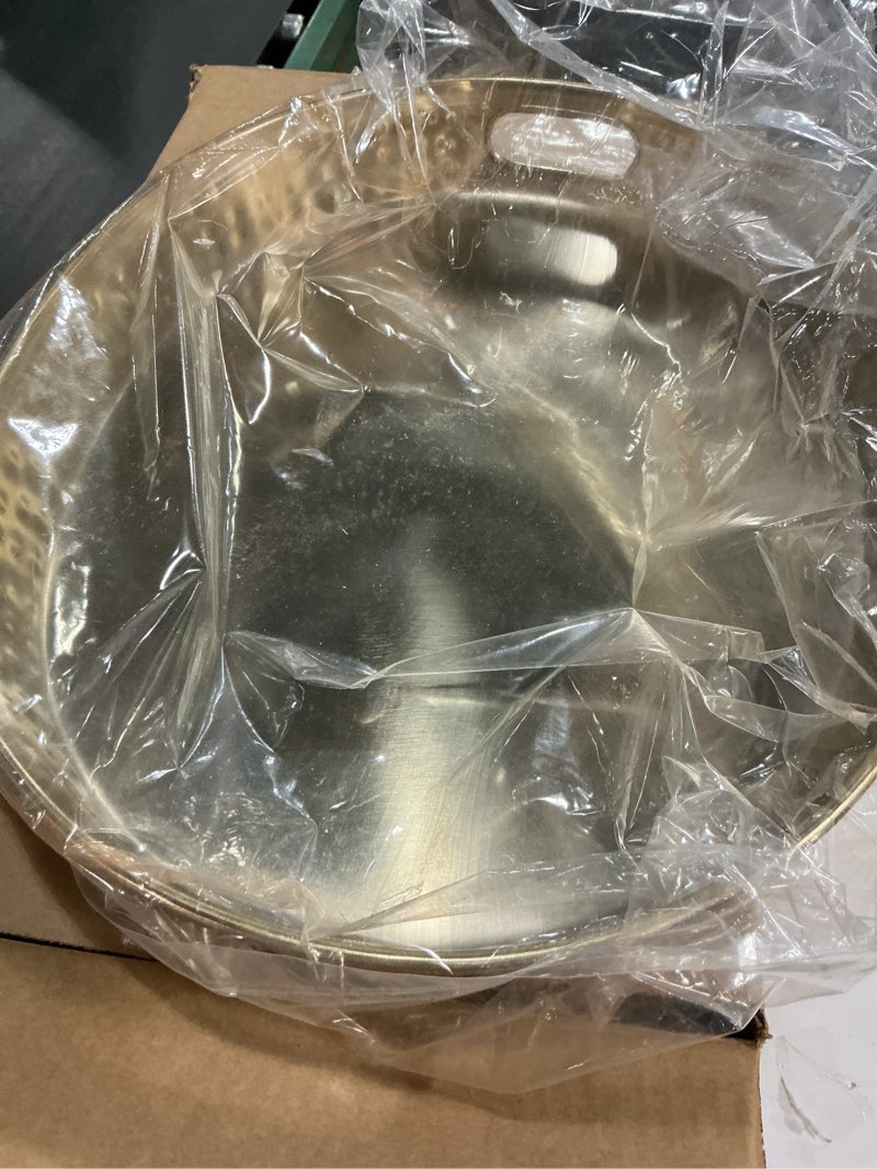 Condition photo showing Good Condition for Monarch Abode Hand Hammered Metal Serving Tray with Handles, 17-Inch Brushed Gold Finish– Oval Serving Platter, Large Serving Tray for Party, Fruit Platter, Dessert Trays, Serving Dishes Brushed Gold 17" x 13" x 2"