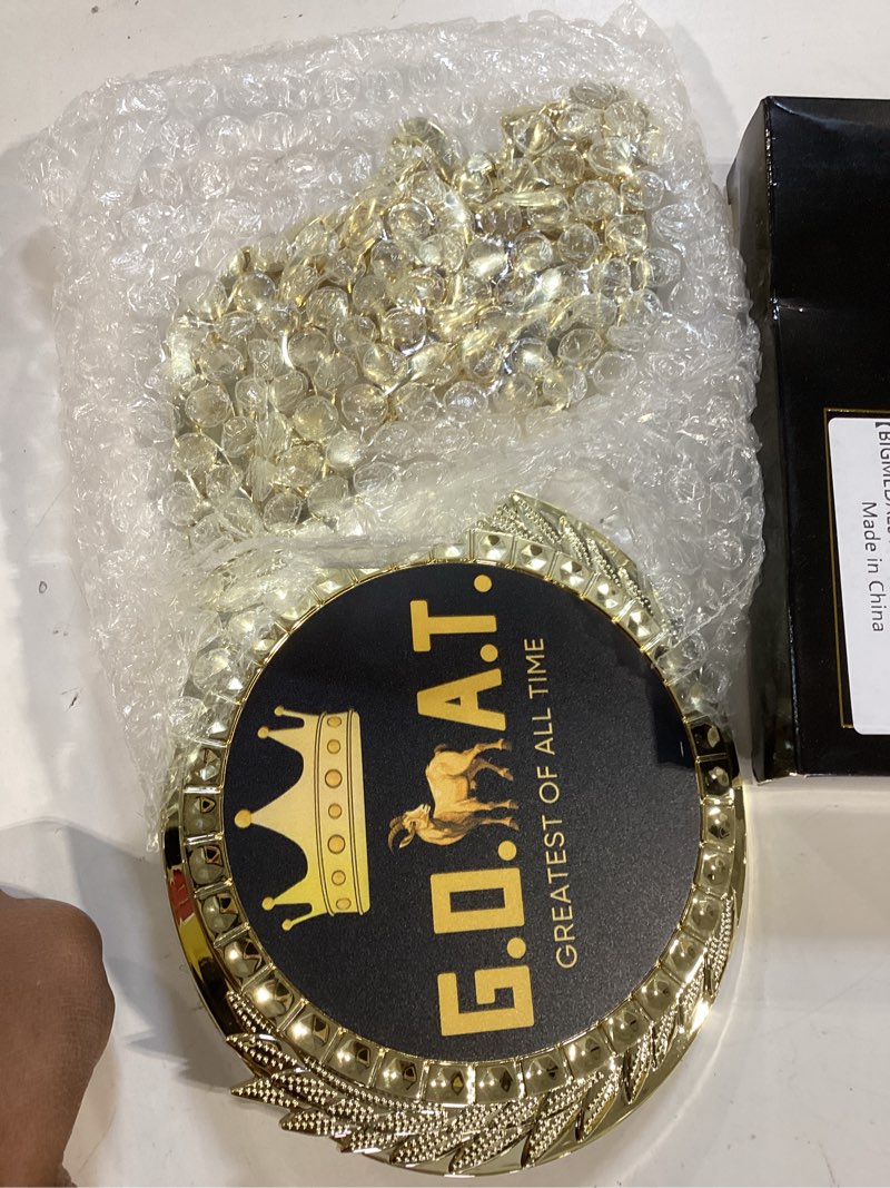 Condition photo showing Good Condition for tondiamo greatest of all time turnover chain medal 6" big gold champ goat medal necklace award for goat football mvp necklace champion fantasy sports award football turnover chain