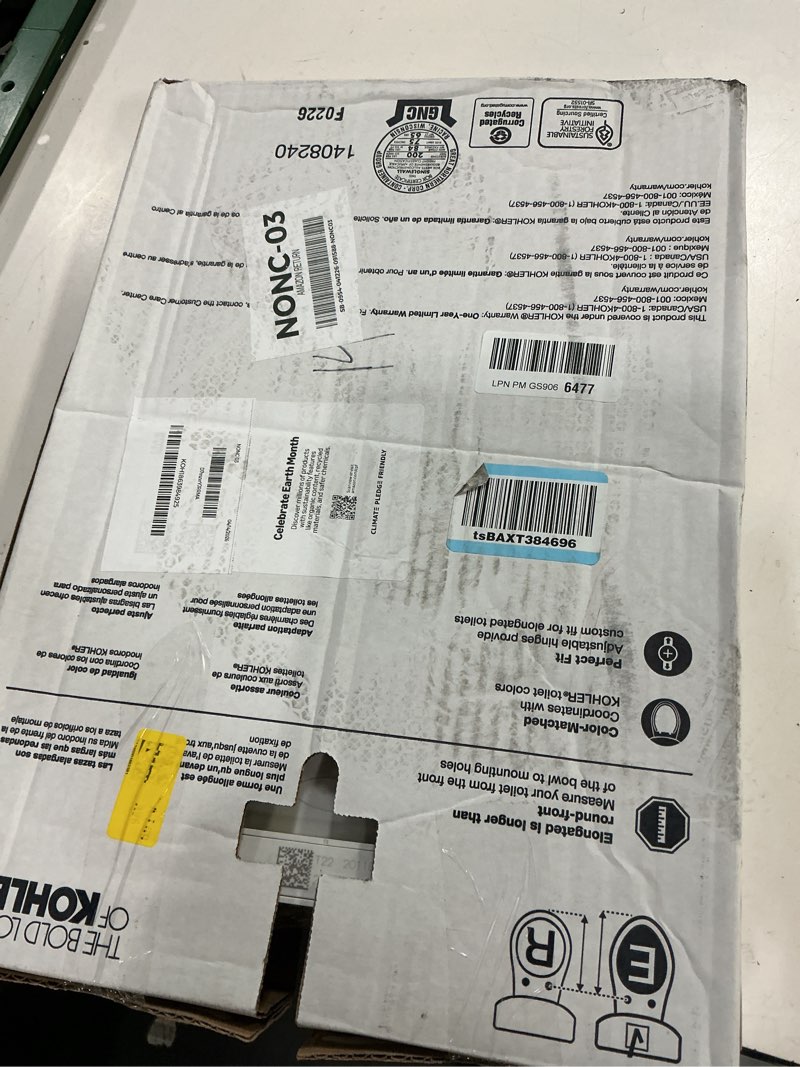 Condition photo showing New/Like New for kohler k-20110-0 brevia elongated toilet seat with grip-tight bumpers, quiet-close seat, quick-attach hardware, white