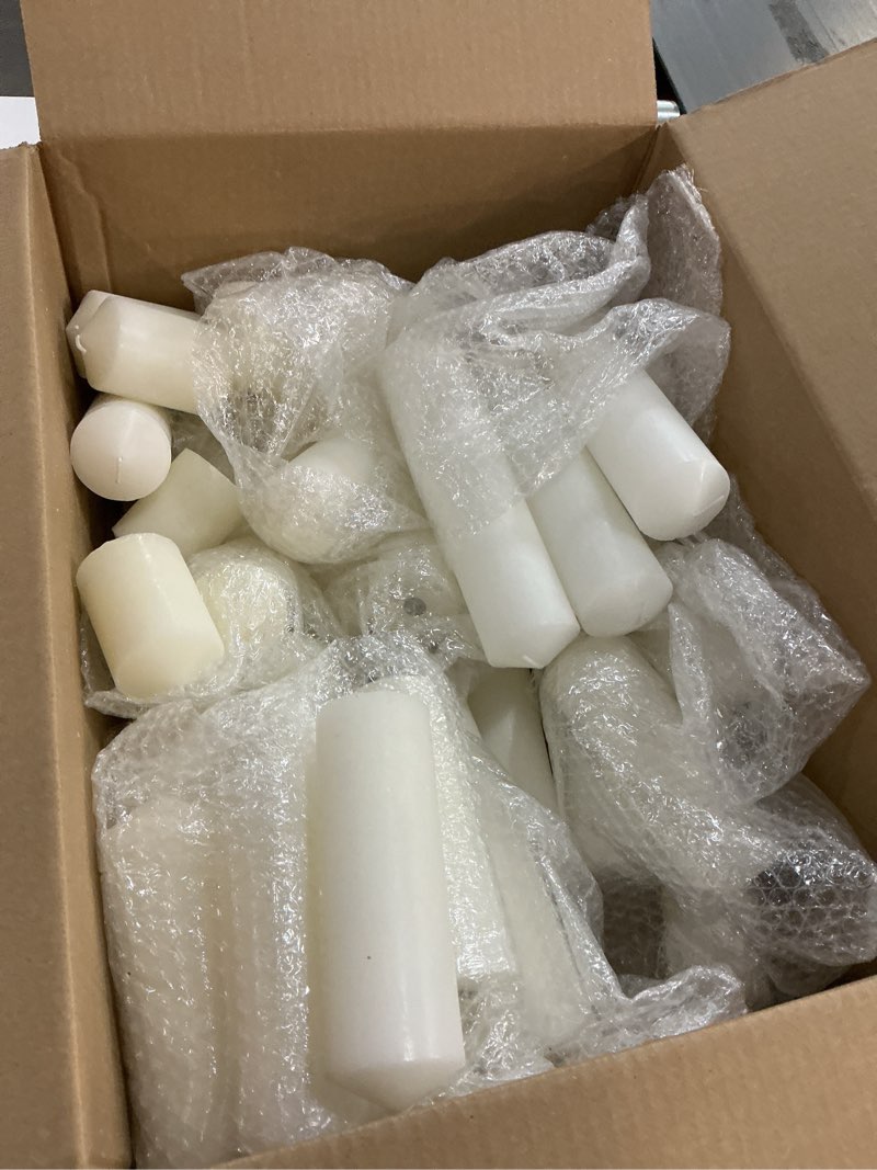 Condition photo showing Good Condition for (Incomplete)MTLEE 36 Pcs Pillar Candles Bulk Set of 3 Long Burning Wax Pillar Candles 2 in x 3, 6, 8 Inch Dripless Unscented Smokeless for Wedding Party Spa Lantern Fireplace Home(White)