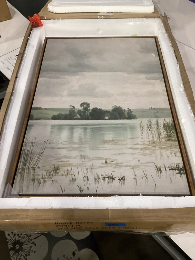 Condition photo showing Good Condition for b.b.f make framed canvas wall art serene countryside lake view oil painting soft neutral landscape print farmhouse field and water artwork decor for bedroom living room office entryway, 11x14inch paddy field tranquility 11l" x 14w"