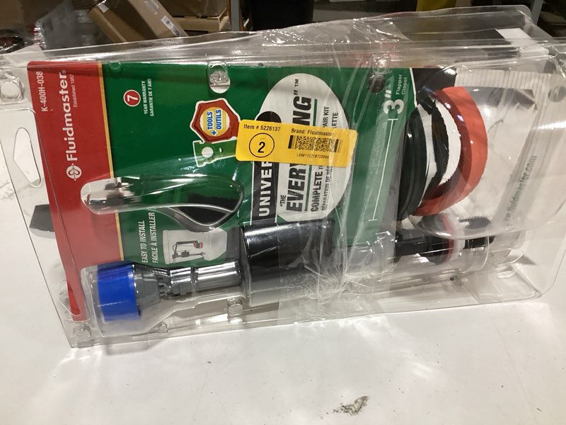 Condition photo showing As Is for fluidmaster universal toilet fill valve and 3-in flapper kit